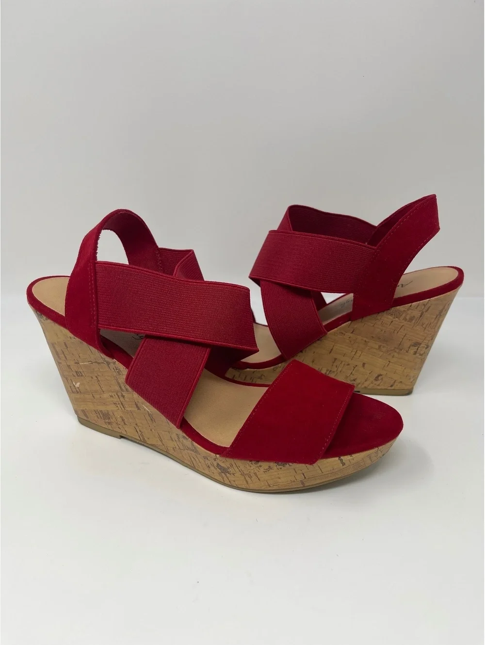 American Eagle Heels Womens Sz 9.5 Wedge Platform Sandals Red Suede Elastic Cork